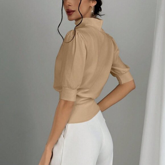 Apricot Women's Color Stand Collar Waist Cinched Bubble Sleeve Shirt - Picture 2 of 6